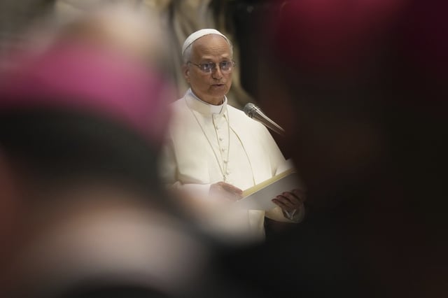 Pope Leo XIV leads a meditation with the participants into the Jubilee of Bishops inside St. Peter's Basilica, at the Vatican, Wednesday, June 25, 2025. (AP Photo/Andrew Medichini)