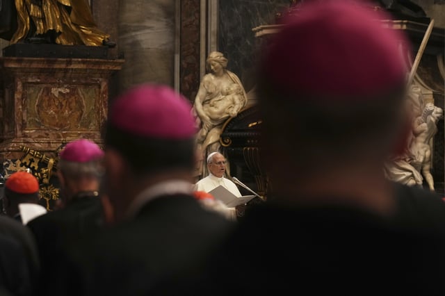 Pope Leo XIV leads a meditation with the participants into the Jubilee of Bishops inside St. Peter's Basilica, at the Vatican, Wednesday, June 25, 2025. (AP Photo/Andrew Medichini)