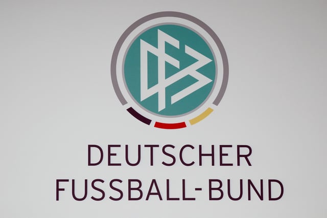 A German Football Association (DFB) logo is pictured on a backdrop prior to a DFB news conference in Frankfurt, Germany March 4, 2016. REUTERS/Kai Pfaffenbach