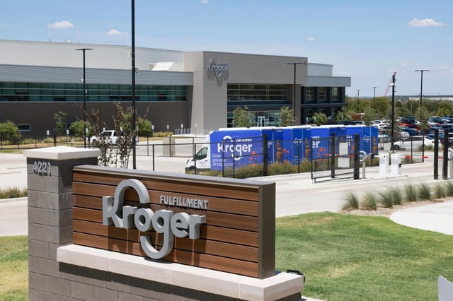 FILE – The exterior of Kroger’s fulfillment center is shown on July 27, 2022 in Dallas, Tex. (Rebecca Slezak/The Dallas Morning News via AP, File)