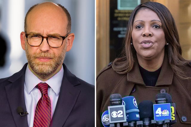 Left: Russ Vought listens during a television interview at the White House, Oct. 21, 2019, in Washington, DC. Right: New York Attorney General Letitia James speaks during a news conference outside Manhattan federal court in New York on Feb. 14, 2025.