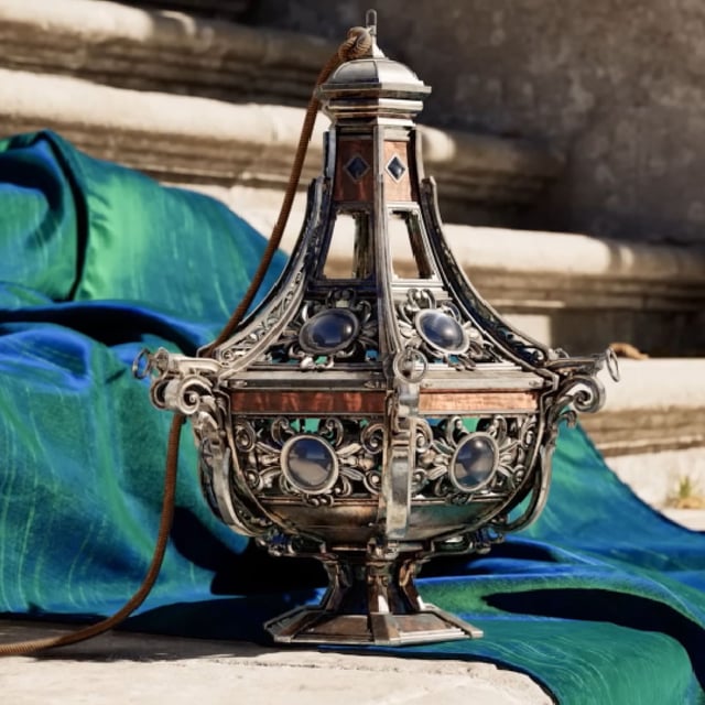 A still from the Nvidia CES 2025 Nvidia announcement for DLSS 4, showing a vase sitting on a set of stairs with fabric flowing down behind it.