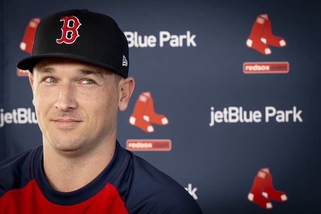 FORT MYERS, FLORIDA - FEBRUARY 16: Alex Bregman #2 of the Boston Red Sox looks on during his introductory press conference at JetBlue Park at Fenway South in Fort Myers, Florida on February 16, 2025.