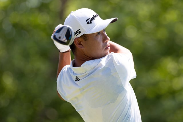 Jun 20, 2025; Cromwell, Connecticut, USA; Collin Morikawa plays his shot from the first tee during the second round of the Travelers Championship golf tournament. Mandatory Credit: Bill Streicher-Imagn Images