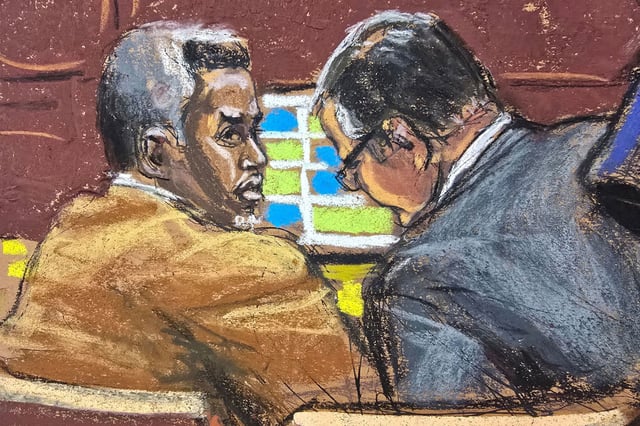 Sean "Diddy" Combs and his defense lawyer Marc Agnifilo watch as Joseph Cerciello, a special agent for Homeland Security Investigations, is questioned by defense lawyer Teny Geragos during Combs' sex trafficking trial in New York City, New York, U.S., June 24, 2025 in this courtroom sketch. REUTERS/Jane Rosenberg