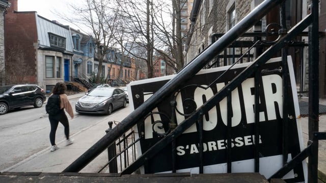 A 'for rent' sign is shown in Montreal on April 11, 2023. The average asking price of rent in Montreal has shot up nearly 71 per cent since 2019, according to a rent report released by Statistics Canada on Wednesday. 