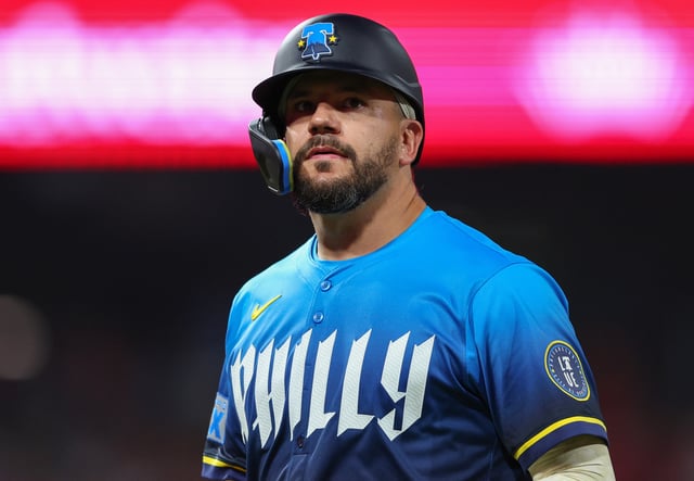 PHILADELPHIA, PENNSYLVANIA - MAY 16: Kyle Schwarber #12 of the Philadelphia Phillies walks back to the dugout after a fly ball for an out to end the third inning against the Pittsburgh Pirates at Citizens Bank Park on May 16, 2025 in Philadelphia, Pennsylvania. (Photo by Heather Barry/Getty Images)