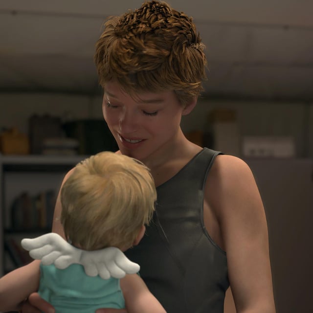 Death Stranding 2 Lou Fragile location: Fragile holding Lou and smiling at her inside Sam's hidden bunker.