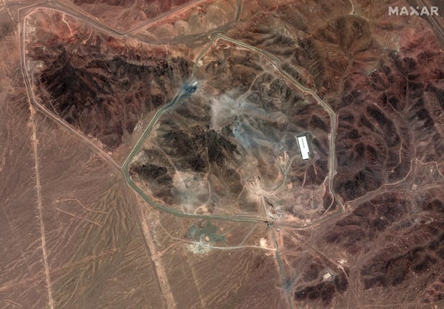 This Tuesday, June 24, 2025, satellite image provided by Maxar Technologies shows damage at Fordo enrichment facility after strikes in Iran on June 23. (Maxar Technologies via AP)