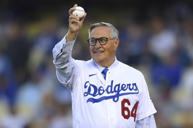 Jaime Jarrin threw out the first pitch to mark his last year on the job on April 14, 2022 at Dodger Stadium in Los Angeles, Calif.
