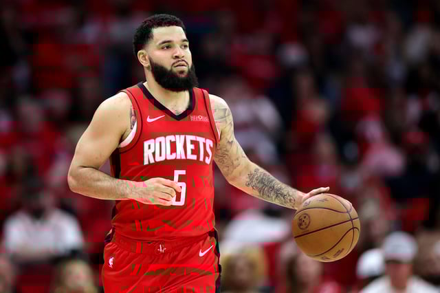 Fred VanVleet #5 of the Houston Rockets handles the ball against the Golden State Warriors during the second quarter in Game One of the Western Conference First Round NBA Playoffs at Toyota Center on April 20, 2025 in Houston, Texas.