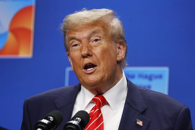 President Donald Trump speaks during a news conference following the 2025 NATO Summit on June 25, 2025 in The Hague, Netherlands.