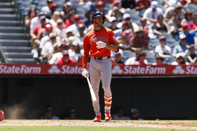 ANAHEIM, CALIFORNIA - JUNE 22: Jeremy Peña #3 of the Houston Astros at bat during the game against the Los Angeles Angels at Angel Stadium of Anaheim on June 22, 2025 in Anaheim, California.
