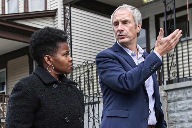 New York State Senator Sean Ryan (right), who unseated the acting mayor of Buffalo, campaigns with former mayoral candidate India Walton on October 23, 2021 in Buffalo.