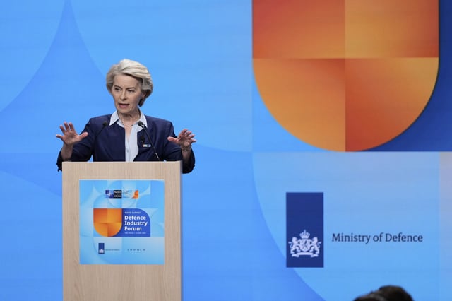 European Commission President Ursula von der Leyen addresses the audience during the NATO defense forum on the sidelines of the NATO summit in The Hague, Netherlands, Tuesday, June 24, 2025. (AP Photo/Matthias Schrader)