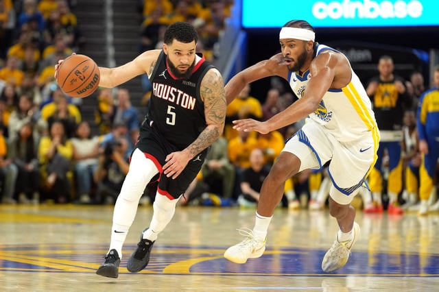 Apr 26, 2025; San Francisco, California, USA; Houston Rockets guard Fred VanVleet (5) dribbles against Golden State Warriors guard Moses Moody (right) during the fourth quarter of game three of first round for the 2024 NBA Playoffs at Chase Center. Mandatory Credit: Darren Yamashita-Imagn Images/File Photo