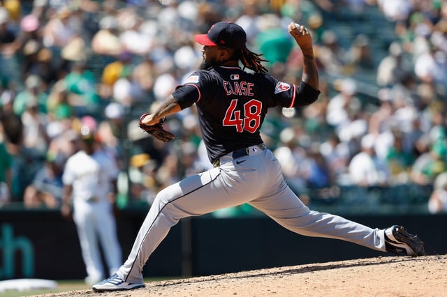 SACRAMENTO, CALIFORNIA - JUNE 22: Emmanuel Clase #48 of the Cleveland Guardians pitches against the Athletics at Sutter Health Park on June 22, 2025 in Sacramento, California.