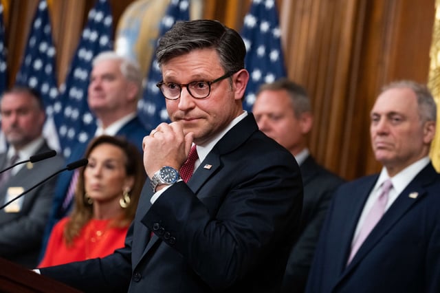 Speaker of the House Mike Johnson, conducts a news conference in the U.S. Capitol after a meeting of the House Republican Conference on June 24, 2025.