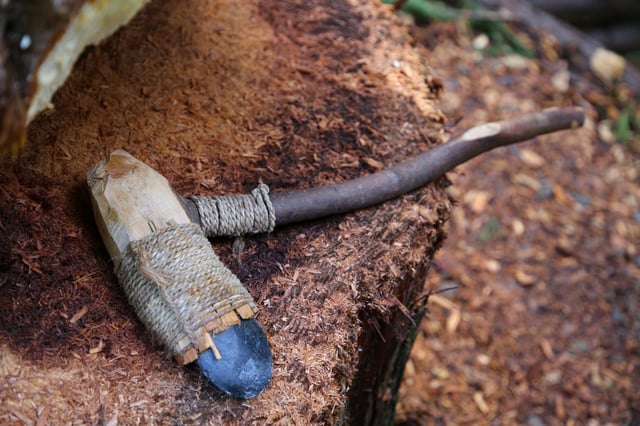 An axe accurate to a period of 30,000 years ago, that scientists used to make a dugout canoe for a crossing across a region of the East China Sea from Taiwan near Ushibi to Yonaguni Island, traversing the Kuroshio current, is seen at Noto Peninsula, Japan, in this handout image released on June 25, 2025. Yousuke Kaifu/Handout via REUTERS