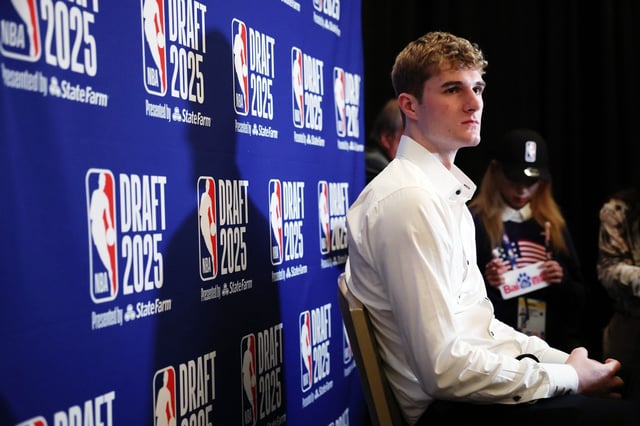 Liam McNeeley speaks during a Media Availability session prior to the 2025 NBA Draft at Lotte New York Palace on June 24, 2025 in New York City. NOTE TO USER: User expressly acknowledges and agrees that, by downloading and or using this photograph, User is consenting to the terms and conditions of the Getty Images License Agreement. (Photo by Sarah Stier/Getty Images)