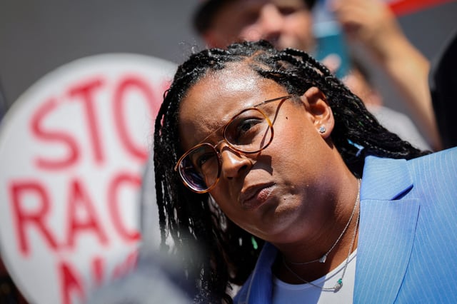 Democratic U.S. Representative LaMonica McIver (D-NJ) speaks outside United States Court, after pleading not guilty on three counts of "forcibly impeding and interfering" with federal law enforcement after a scuffle at the gate of a privately run immigration detention center on May 9, in Newark, New Jersey, U.S., June 25, 2025. REUTERS/Mike Segar