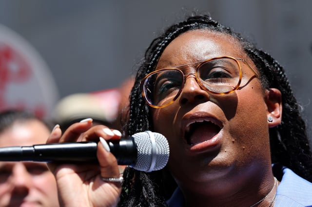 Democratic U.S. Representative LaMonica McIver (D-NJ) speaks outside United States Court, after pleading not guilty on three counts of "forcibly impeding and interfering" with federal law enforcement after a scuffle at the gate of a privately run immigration detention center on May 9, in Newark, New Jersey, U.S., June 25, 2025. REUTERS/Mike Segar