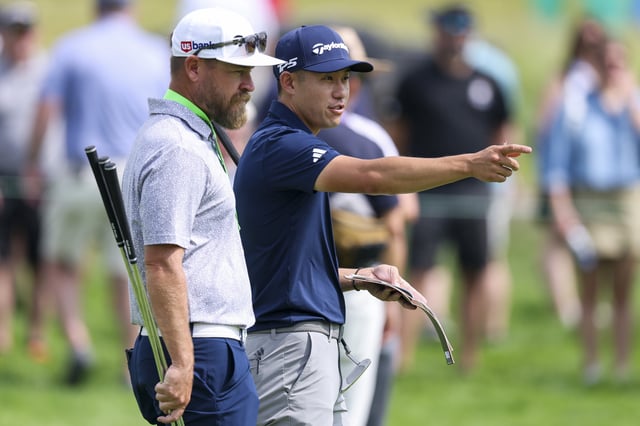 Collin Morikawa of the United States talks to caddie Joe Greiner during a practice round prior to the 125th U.S. OPEN at Oakmont Country Club on June 09, 2025 in Oakmont, Pennsylvania.