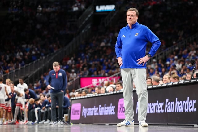 March 13, 2025; Kansas City, MO; Kansas basketball coach Bill Self watches his team play against Arizona at the T-Mobile Center.
