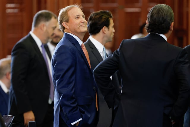 Texas Attorney General Ken Paxton looks up at the gallery during the first day of his impeachment trial in the Texas Senate chambers at the Texas State Capitol in Austin on Tuesday, Sept. 5, 2023. The Texas House, including a majority of its GOP members, voted to impeach Paxton for alleged corruption in May.