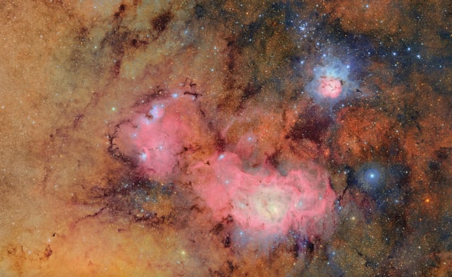 The Trifid and Lagoon Nebulae, located more than 4,000 light-years away, as seen by the Vera C. Rubin Observatory.  