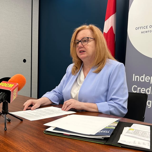 Denise Hanrahan, Newfoundland and Labrador's auditor general, speaks to reporters in St. John's, N.L., on Wednesday June 25, 2025. THE CANADIAN PRESS/Sarah Smellie