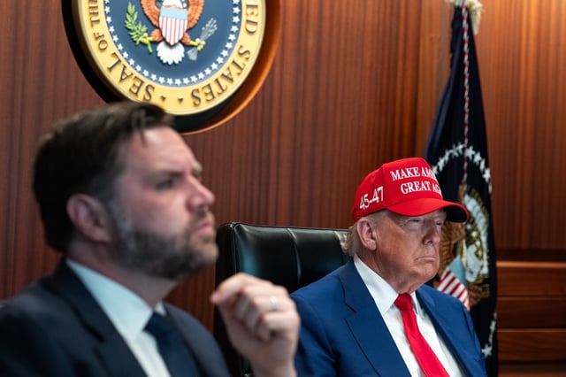 U.S. President Donald Trump, right, and Vice President J.D. Vance sit in the Situation Room as they monitor the mission that took out three Iranian nuclear enrichment sites, at the White House on June 21, 2025 in Washington, D.C. (Photo by Daniel Torok/The White House via Getty Images)