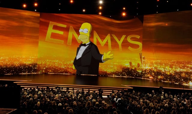 Animated character Homer Simpson is projected on screen at the 71st Primetime Emmy Awards on Sunday, Sept. 22, 2019, at the Microsoft Theater in Los Angeles. (Photo by Chris Pizzello/Invision/AP)
