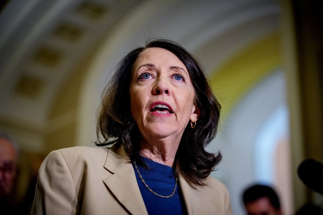 Sen. Maria Cantwell of Washington speaks to reporters following a weekly Democratic policy luncheon at the U.S. Capitol Building on June 3, 2025, in Washington, DC.