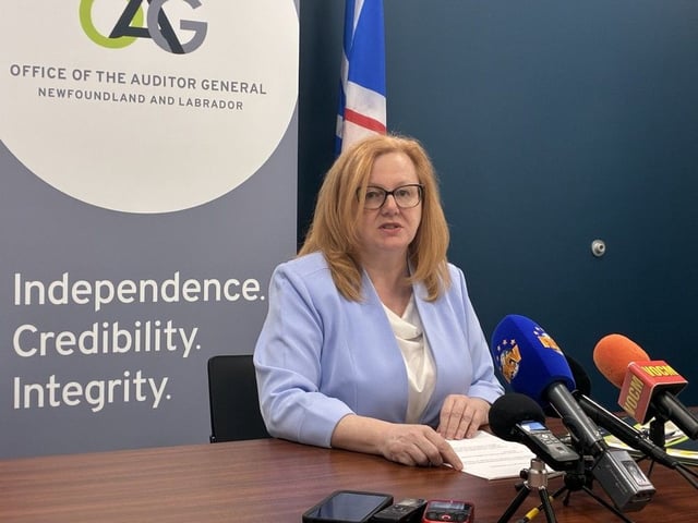 Auditor General of NL, Denise Hanrahan speaks to media on June 25, 2025, regarding an audit her office performed on health sector contracts under NL Health Services.