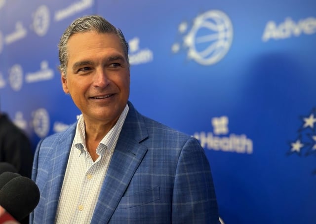 Alex Martins met with local media inside the AdventHealth Training Center after it was announced Wednesday that he&#39;d step down following 14 years as Magic CEO.  (Jason Beede/Orlando Sentinel)
