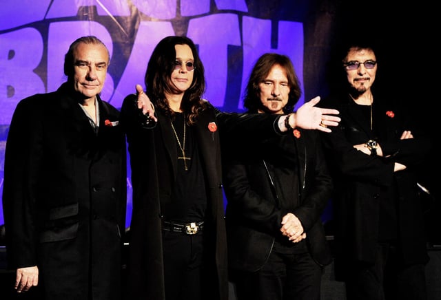 (L-R) Musicians Bill Ward, Ozzy Osbourne, Geezer Butler and Tony Iommi of Black Sabbath appear at a press conference to announce their first new album in 33 years and a world tour in 2012 at the Whisky a Go Go on November 11, 2011 in West Hollywood, California.