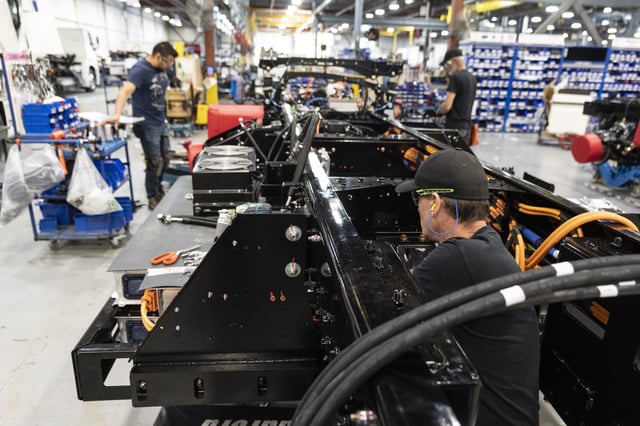 The Lion 6 electric truck, is assembled at the Lion Electric Company assembly plant in Saint-Jerome, Que., Monday, Aug. 21 2023. THE CANADIAN PRESS/Christinne Muschi