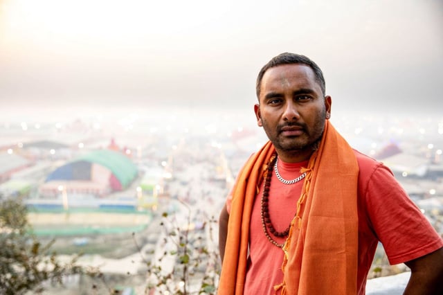 Amol Rajan at the Kumbh Mela (Photo: Wildstar Films/BBC)