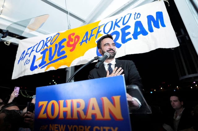 Zohran Mamdani gestures as he speaks during a watch party for his primary election in New York on June 25.