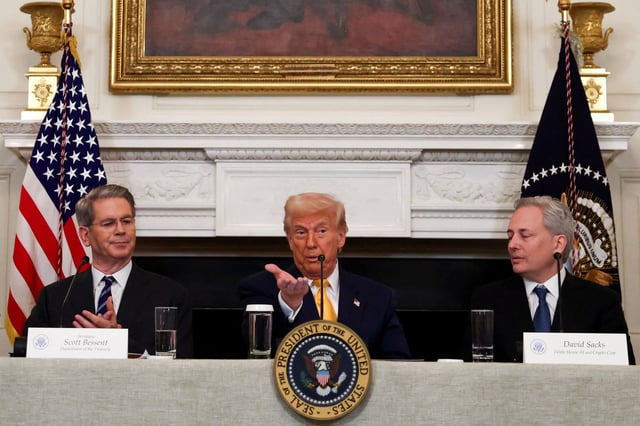 U.S. President Donald Trump speaks next to Crypto czar David Sacks and U.S. Treasury Secretary Scott Bessent at the White House Crypto Summit at the White House in Washington, D.C., U.S.,  March 7, 2025. REUTERS/Evelyn Hockstein/File Photo