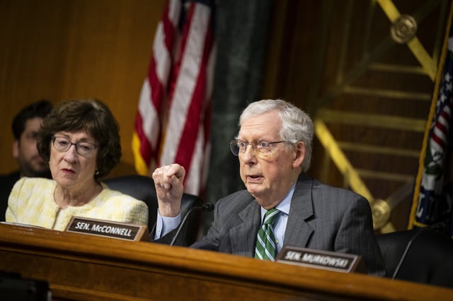 Senator Mitch McConnell (R-KY) during a Senate Appropriations Committee hearing on the proposed rescission package to cut funding for international aid and public media, at the U.S. Capitol, in Washington, D.C., on Wednesday, June 25, 2025.