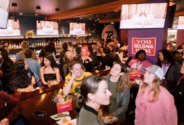 Clockwise from left at near table: Kate Whitney, Claire Markham, Savannah Schulze and Kelly Mothershaw attend the Season 2 premiere of the Netflix reality dating series “The Ultimatum: Queer Love” at Rikki’s sports bar in San Francisco on Tuesday, June 24.