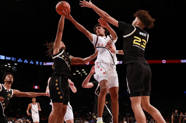 Alijah Arenas takes a shot during the McDonald’s All American Games at the Barclays Center in Brooklyn, New York, on April 1, 2025. 