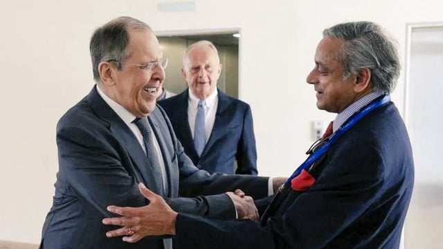 Congress leader Shashi Tharoor during a meeting with the Russian Foreign Minister Sergey Lavrov, on the sidelines of the Primakov Readings, in Moscow. (PTI)