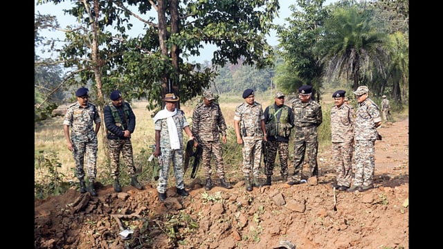 DGP Ashok Juneja, ADGP Vivekanand, IG CRPF Rakesh Agarwal, IG Bastar Sundarraj, and other senior officials during their visit to the site where an IED blast occurred on the security force's vehicle. (ANI)