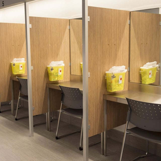 Injection booths at the Cactus safe-injection site in Montreal in 2017. Supervised drug-use sites can reduce drug-related harms.
