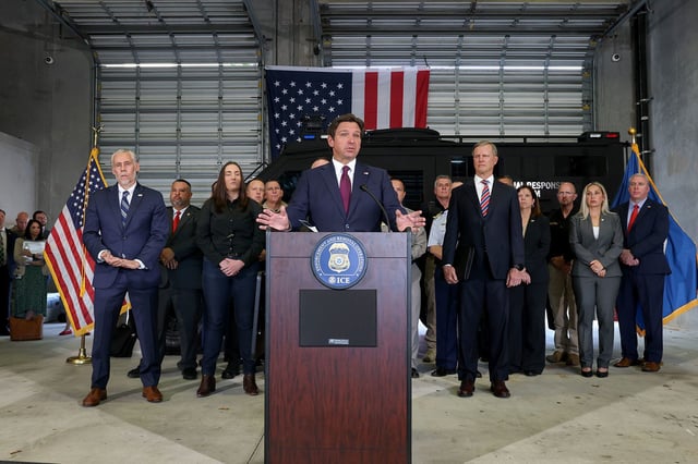 Florida Gov. Ron DeSantis speaks during a press conference held at the ICE-Enforcement and Removal Operation office on Thursday, in Miramar, Florida.