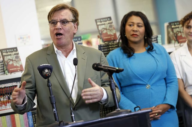 Aaron Sorkin, shown with San Francisco Mayor London Breed in 2022, is working on a sequel to “The Social Network.”