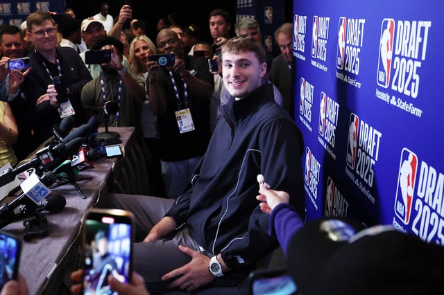 Cooper Flagg speaks during a Media Availability session prior to the 2025 NBA Draft at Lotte New York Palace on June 24, 2025 in New York City. NOTE TO USER: User expressly acknowledges and agrees that, by downloading and or using this photograph, User is consenting to the terms and conditions of the Getty Images License Agreement.